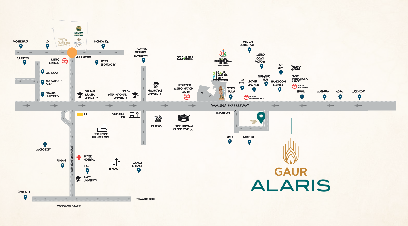 Gaur Alaris location and connectivity map showing Yamuna Expressway, Noida International Airport, universities, and business hubs