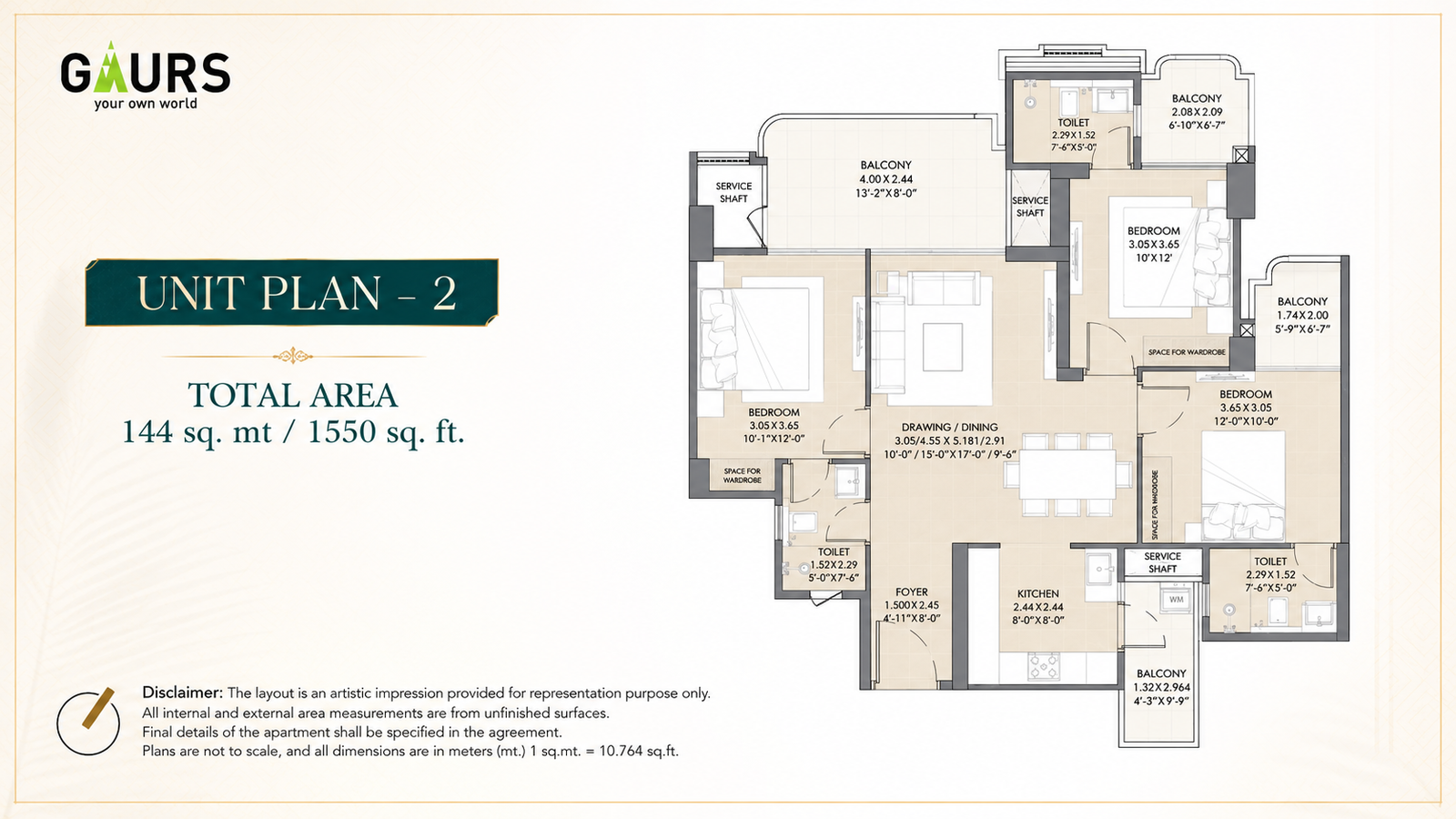 3 BHK 1550 Sq Ft Floor Plan