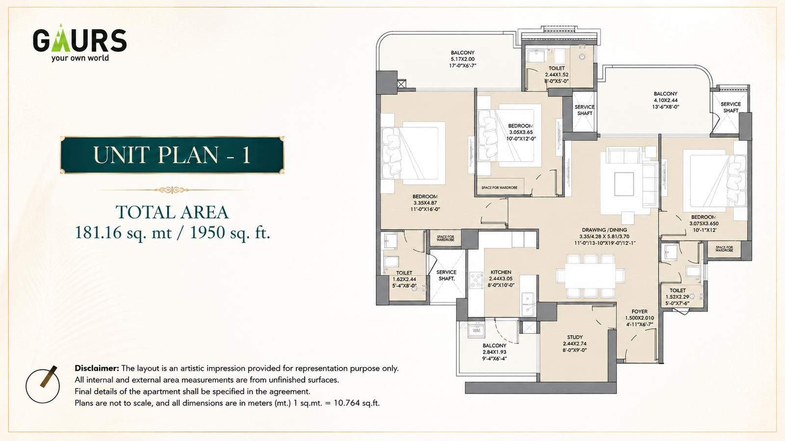 3 BHK + Study 1950 Sq Ft Floor Plan